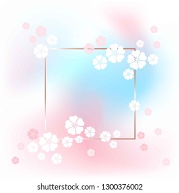 Abstract background. Blurry colored spots, white and pink flowers, golden outline square frame. 