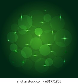 Abstract background with bokeh. Green color, space, stars, glow, vector illustration
