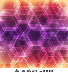 Abstract background with bokeh hexagon lights. Purple and orange bright colors. Eps 10.