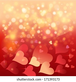 Abstract background with bokeh lights and hearts. Vector illustration.