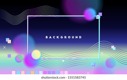 Abstract background. Border frame. Vector artwork. Trendy retro 80s, 90s style. Print, poster, banner. Blue, black, pink, yellow, green, purple colors. Retrowave, synthwave, rave, vapor wave