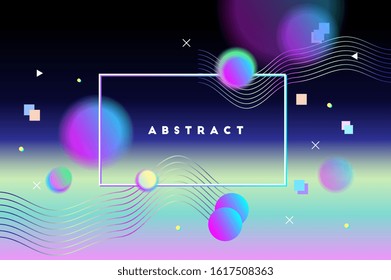 Abstract background. Border frame. Vector artwork. Trendy retro 80s, 90s style. Print, poster, banner. Blue, black, pink, yellow, green, purple colors. Retrowave, synthwave, rave, vapor wave
