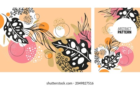 Fondo abstracto con elementos botánicos y de dibujo de manos para postal, banner, portada, folleto, afiche, decoración, postal, impresión en ropa
