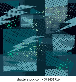Abstract background for boys. Seamless pattern with lightning and ink droplets, square