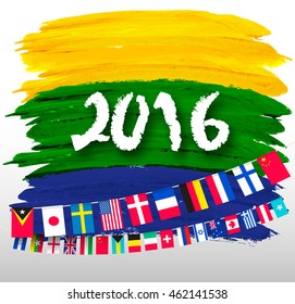 Abstract background of the Brazilian flag with world flags. Vector.