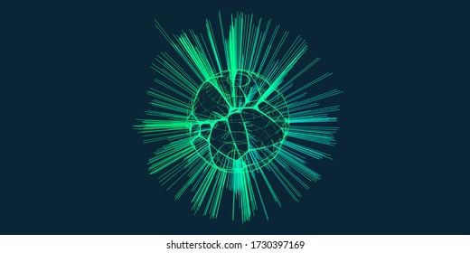 Abstract background with breaking sphere of polygonal pieces on dark. Vector illustration.