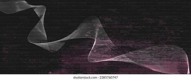 Abstrakter Hintergrund mit Ziegelstruktur und rosafarbenen Wellen. Aktive metallische Neonlinien auf matt grauem Hintergrund. Platz für Logos, Nachrichten, Textplatzierung.