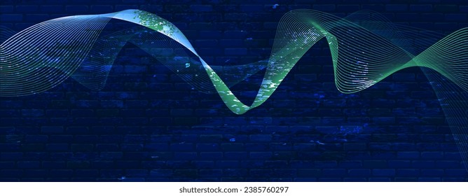 Abstract background with brick texture and waves. Dynamic neon lines on an ultra blue background. Place for logos, messages, text placement.