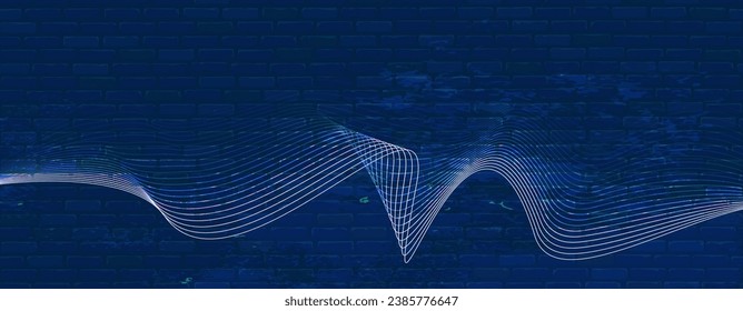 Abstract background with brick texture and waves. Dynamic neon lines on an ultra blue background. Place for logos, messages, text placement.