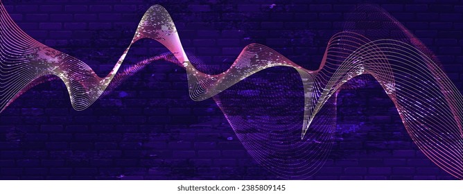 Abstract background with brick texture and waves. Dynamic neon pink lines on an ultra purple background. Place for logos, messages, text placement.