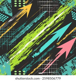 Abstract background with bright arrows, dynamic lines, and geometric elements. A modern urban style inspired by graffiti and digital glitch art. Perfect for design, prints, and backgrounds.