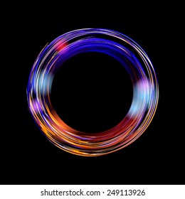 Abstract background with bright blue and orange circle on black background. Vector banner with place for your text.