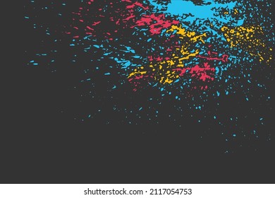 Abstract background with bright colored brush paint splatter on dark gray backdrop. Cover template with place for text for wallpaper design, banner, poster, web. Vector illustration. 