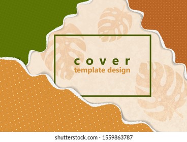 Abstract background of bright colored pieces of paper torn at the edges, polka dots, monstera leaves. Template for your design. Vector illustration
