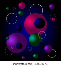 Abstract background of bright colored volumetric balls of different sizes and golden rings. Vector stock.