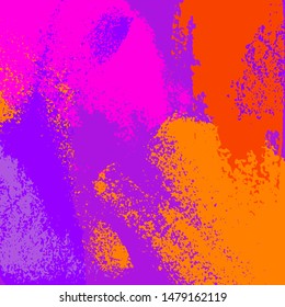 Abstract background of bright contrast colors. Purple, orange, bright pink, lilac, red stains, brush strokes, dots.