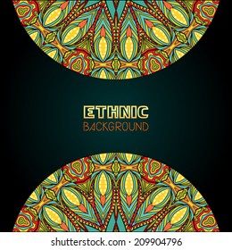 Abstract background with bright ethnic patterns in stained glass style. Tribal ornament for greeting cards, invitations or posters. Copy space. Vector file is EPS8, all elements are grouped by colors.