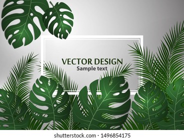 Abstract background, bright exotic monstera leaves and palm leaves on a gray background. Template with place for text. Vector illustration for your design.