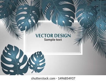 Abstract background, bright exotic monstera leaves and palm leaves on a gray background. Template with place for text. Vector illustration for your design.