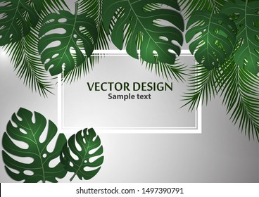 Abstract background, bright exotic monstera leaves and palm leaves on a gray background. Template with place for text. Vector illustration for your design.