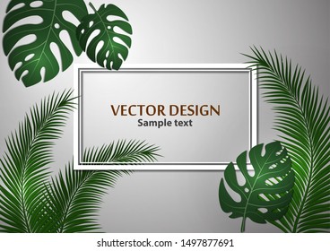 Abstract background, bright exotic monstera leaves and palm leaves on a gray background. Template with place for text. Vector illustration for your design.