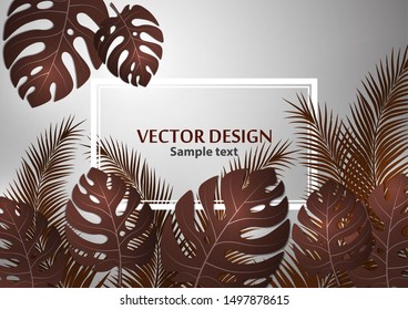Abstract background, bright exotic monstera leaves and palm leaves on a gray background. Template with place for text. Vector illustration for your design.