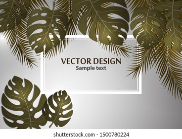 Abstract background, bright exotic monstera leaves and palm leaves on a gray background. Template with place for text. Vector illustration for your design.