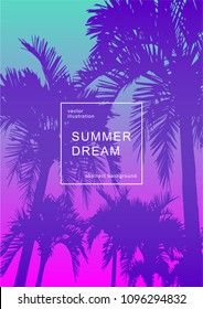 Abstract background with bright gradient palm leaves and trees shapes composition. Dynamic miami summer background. Eps10 vector illustration.