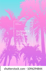 Abstract background with bright gradient palm leaves and trees shapes composition. Dynamic miami summer background. Eps10 vector illustration.