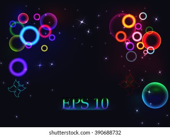 Abstract background with bright multicolored circles,with bubbles and butterflies on black, vector illustration