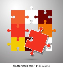 Abstract background from bright puzzle pieces. The composition is an unfinished puzzle. Vector illustration for your design.