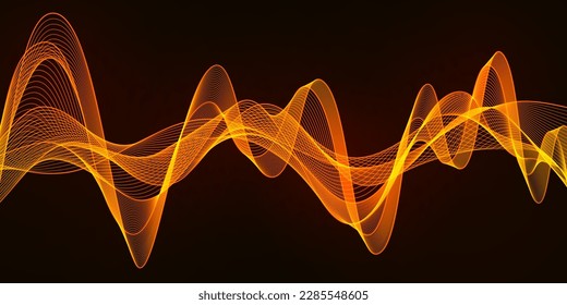 Abstract Background with Bright Warm Luminous Fiery Wave Line on Dark Backdrop. Digital Computer Technology Style. Template with Smooth Wavy Luminous Horizontal Curved Line.