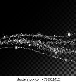 Abstract background. Brilliant Silver Wave and Stars. Vector illustration. Object is isolated on black background with translucent grid