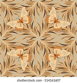 Abstract background with brown, beige grass elements. Butterflies. Vector.