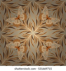 Abstract background with brown, beige grass elements. Butterflies. Vector.