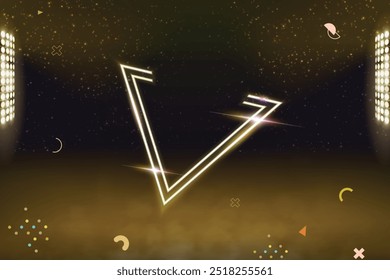 Abstract Background With Brown Neon Light Triangular Frame, Spotlight,  Flares, Smoke and Particles. Party Background Concept.