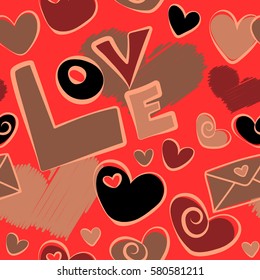 Abstract background in brown, red and orange colors. Valentines day background. Vector seamless Valentine pattern with different hearts.