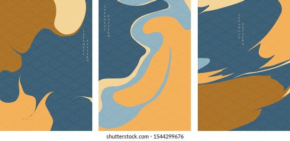 Abstract background with Brush stroke elements. Japanese wave pattern vector. Wave template in Asian style. Oriental ornament. Sea and sunset concept poster design.