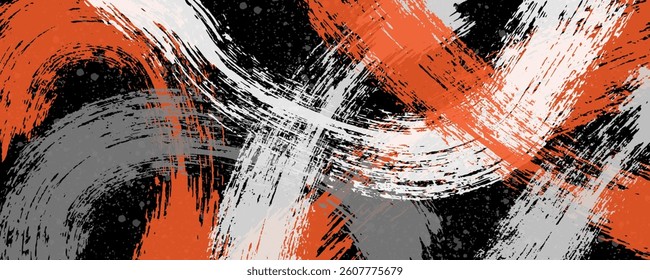 Abstract background with brush stroke texture on black. Hand drawn scratches splatter grunge distressed background. Grainy bold brush strokes texture with small dots. Vector