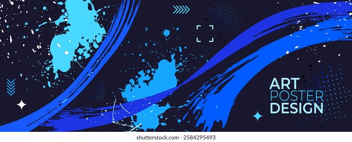 Abstract background. Brush strokes and splashes of paint or ink in blue colors. Halftones. Cover design, wallpaper, background, banner. Vector illustration.