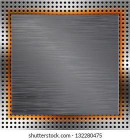 Abstract background with brushed metal inset and orange light. Vector illustration