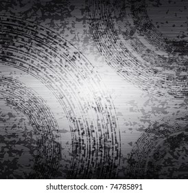 Abstract background with brushed metal texture, ornament, and grunge stains. Eps10