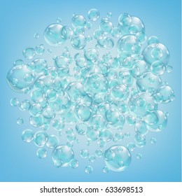 Abstract background with bubbles of the water.  Bubbles with reflex and reflection, realistic vector effect. The flow of air bubbles in the water.