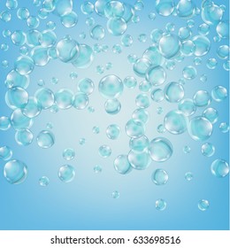 Abstract background with bubbles of the water. Underwater effervescent sparkling oxygen bubbles in water. Iridescent soap bubbles with reflex and reflection, realistic vector effect.