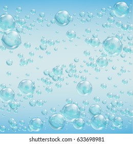 Abstract background with bubbles of the water. Underwater effervescent sparkling oxygen bubbles in water. Streams with air bubbles. Vector realistic  template 10 EPS. 