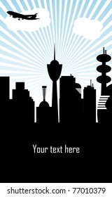 Abstract background with the building silhouettes of a metropolis and a plane flying away to another destination