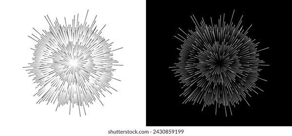Abstract background with burning lines in cicrle. Design element or icon. Black shape on a white background and the same white shape on the black side.
