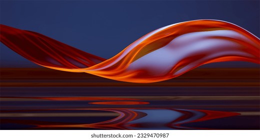 Abstract background. A burning scarlet ribbon flying over the water. Modern minimal scene for background, banner and wallpaper. Background and object separately. 3d rendering.