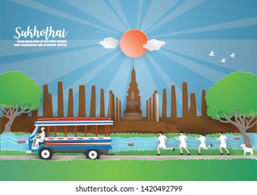 Abstract background with Bus in SUKHOTHAI thailand "Pig car" and running into  temple in the Sukhothai Historical Park.Travel and Tourism concept.paper craft style vector and illustration