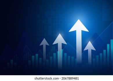 abstract background business growth, financial graph with arrows up trend line and stock market bar chart on blue background.